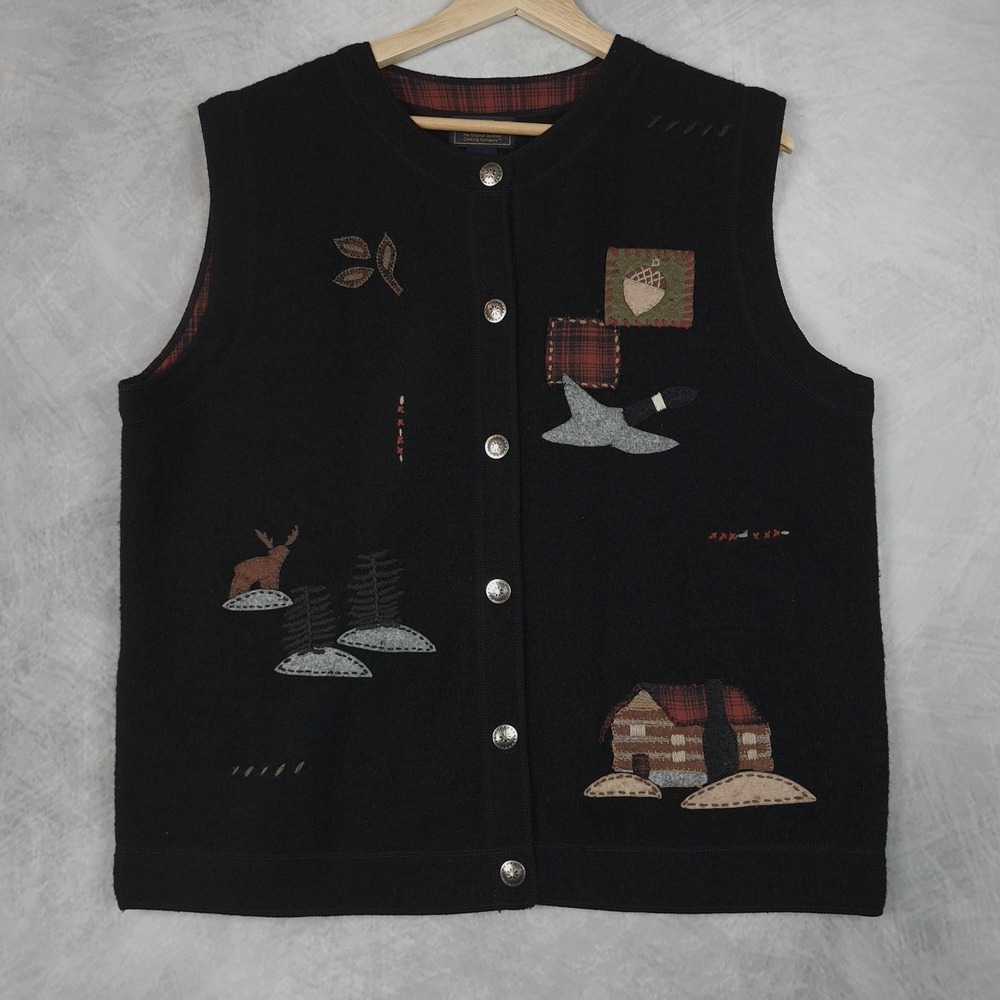 Woolrich Vest Womens XL Black 100% Wool Applique Patchwork Cabin Deer Goose